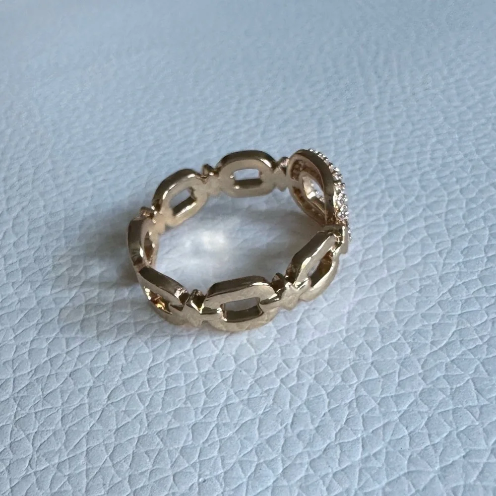 Gold Tone and Rhinestone Chain Link Hollow Adjustable Ring New